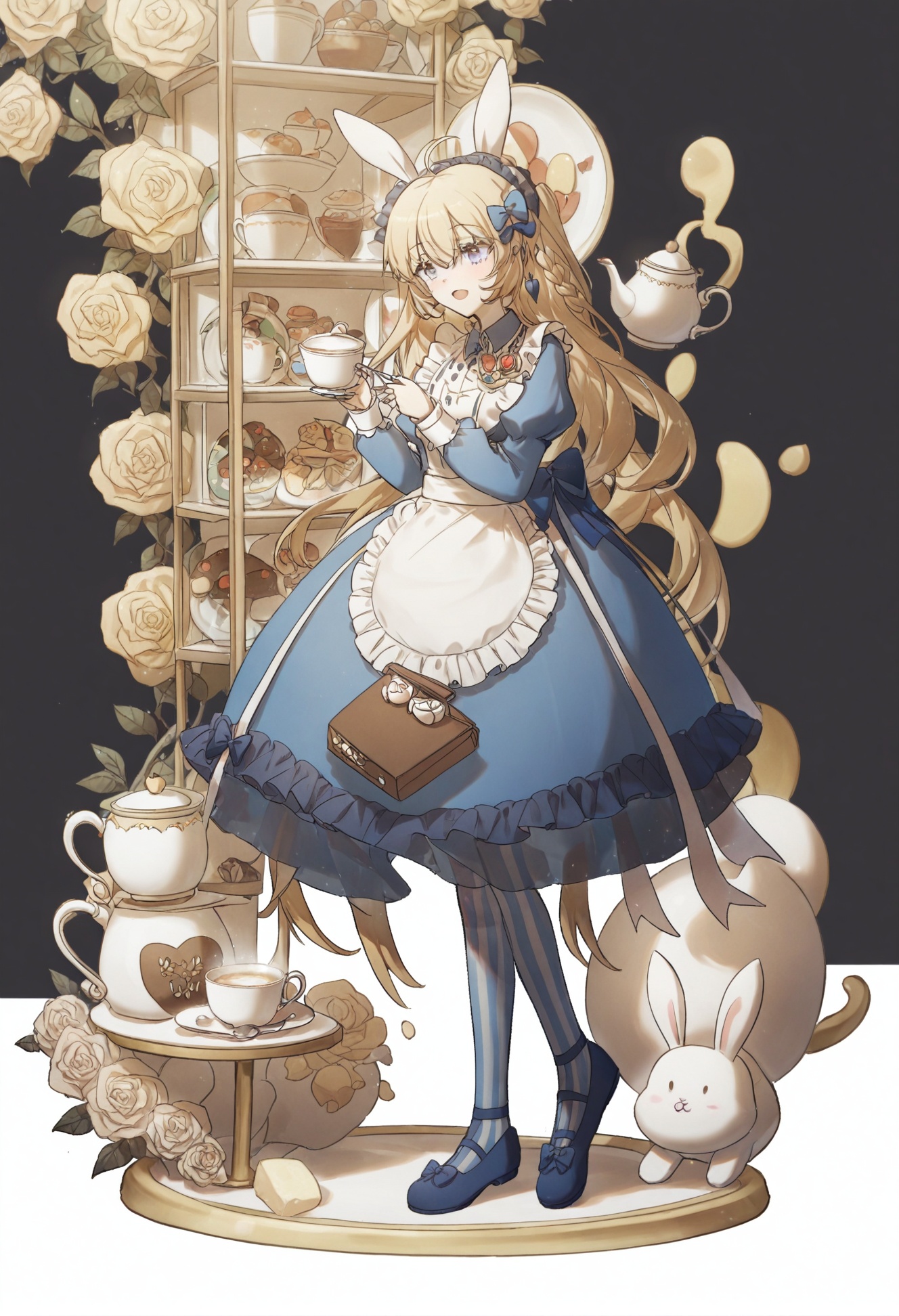masterpiece,best quality, score_9,score_8,score_7_up,score_6_up,1girl, dress, blonde hair, long hair, cup, alice \(alice in wonderland\), bow, solo, teacup, rabbit, striped clothes, open mouth, blue eyes, blue dress, holding, full body, teapot, hair bow, striped pantyhose, flower, pantyhose, spoon, white background, ahoge, long sleeves, earrings, apron, shoes, blush, simple background, frills, blue bow, transparent background, food, rose, blue footwear, puffy sleeves, jewelry <lora:konyakarasueXLlokr4f-000140:0.95>