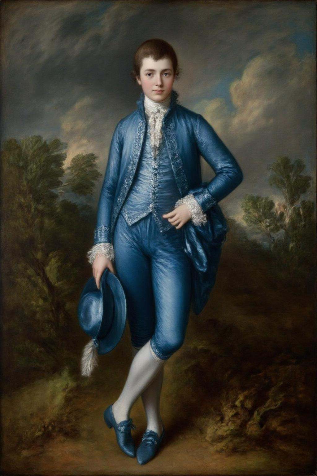 gainsbo1 paintingAn elegant portrait of a young boy dressed in a striking blue silk outfit from the 18th century,  standin...