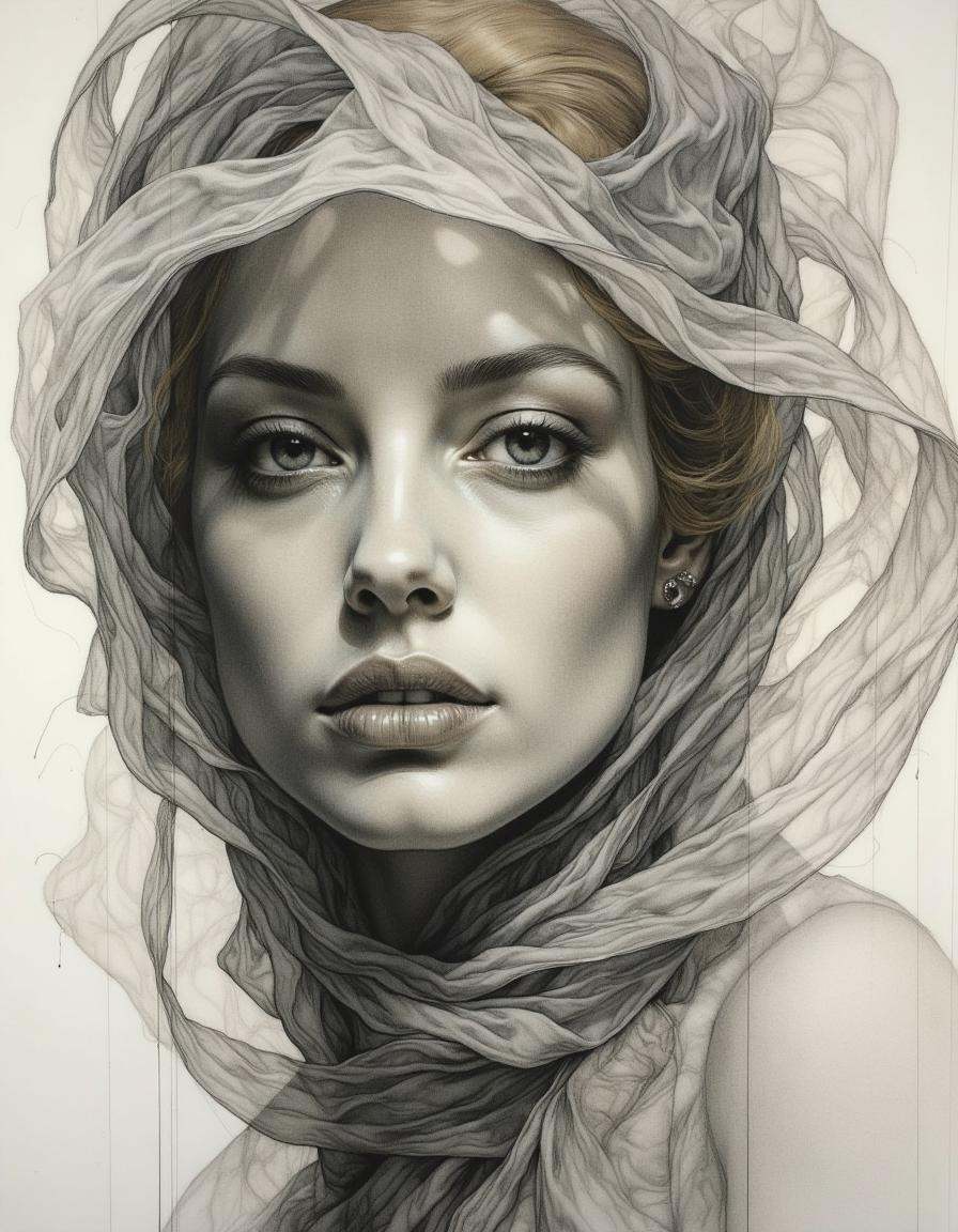 Portrait by Dorota Pietrowiak. The image is a highly detailed,  realistic pencil drawing of a young woman's face,  Style i...