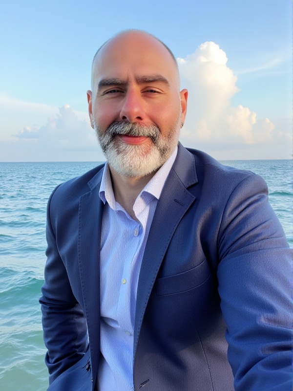 cloud,manly,portrait,solo,jeans,wrinkled skin,1boy,EURPCarp,solo,bald,beard,suit,seashore