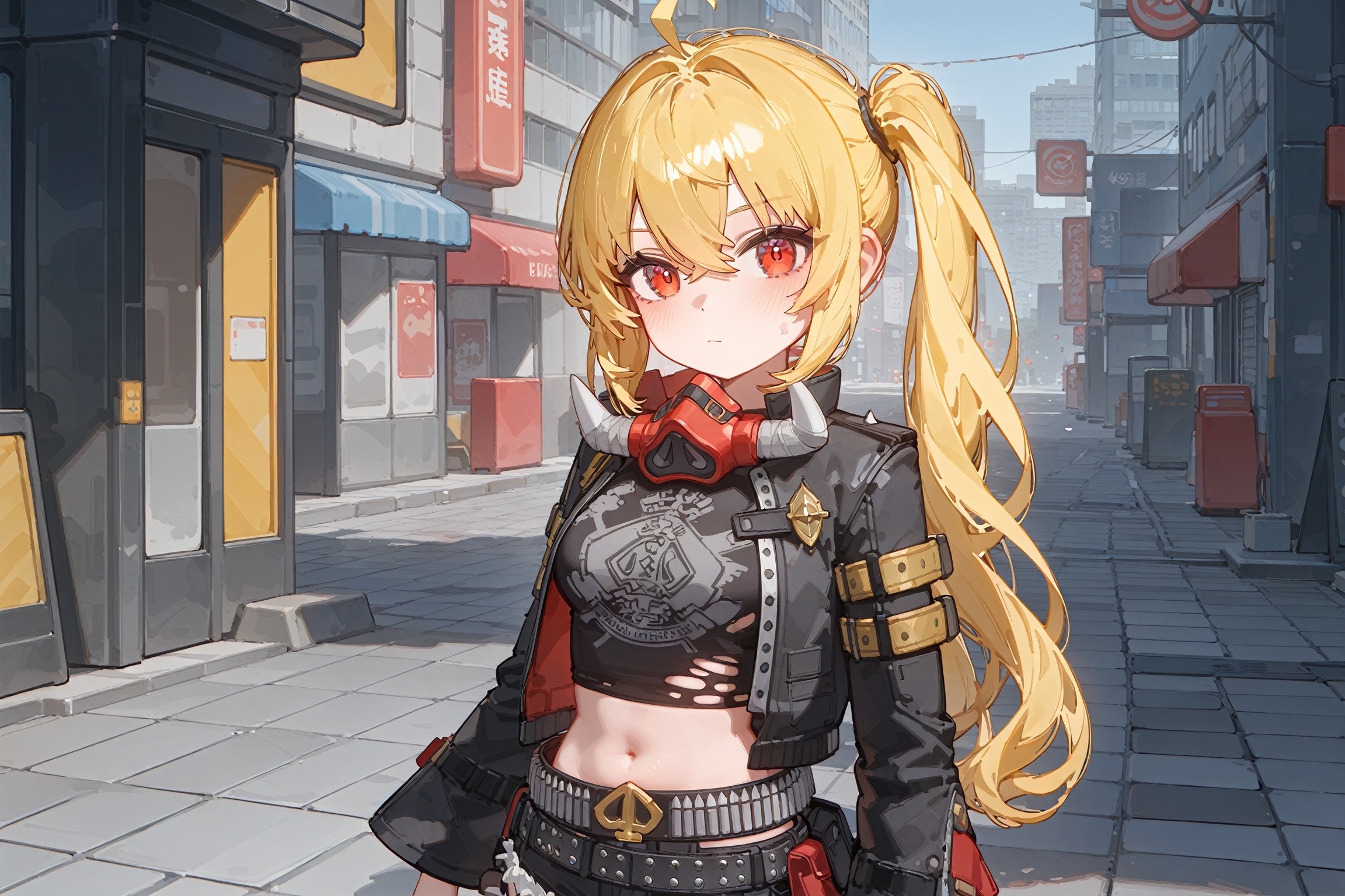 best_quality,(masterpiece),artist_ningen_mame,artist_ciloranko,artist_rhasta,8k,ultra-detailed,2d,anime,line_style,1girl,solo,long hair,breasts,looking at viewer,blonde hair,shirt,red eyes,long sleeves,navel,hair between eyes,closed mouth,jacket,upper body,open clothes,shorts,midriff,belt,stomach,side ponytail,open jacket,black jacket,crop top,torn clothes,black shirt,arms at sides,mask,pouch,belt pouch,ammunition belt,outdoors,cityscape,street,<lora:AS-线稿大师加强版_v1.0:0.3>,<lora:fangdongye XL 1.3-000051:0.3>,<lora:lora.by_tusi:0.7>,