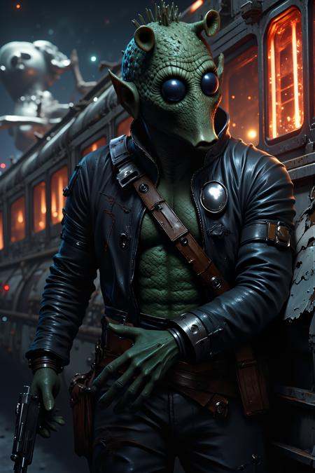 A hyper-realistic portrait,  photorealistic photo close-up image of A male Rodian smuggler with snout leans casually again...