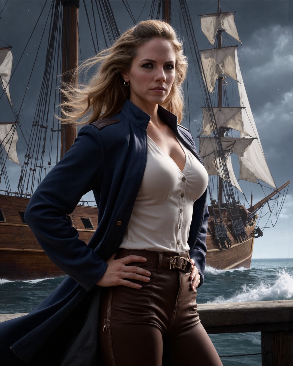 A high-resolution digital painting depicting anna_silk standing confidently on the deck of a large,  rugged sailing ship....