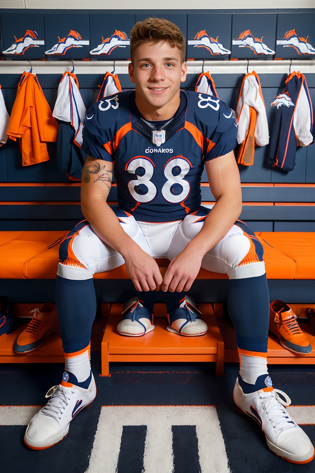 locker room,  sitting on a bench,  in front of lockers on Tensor.Art