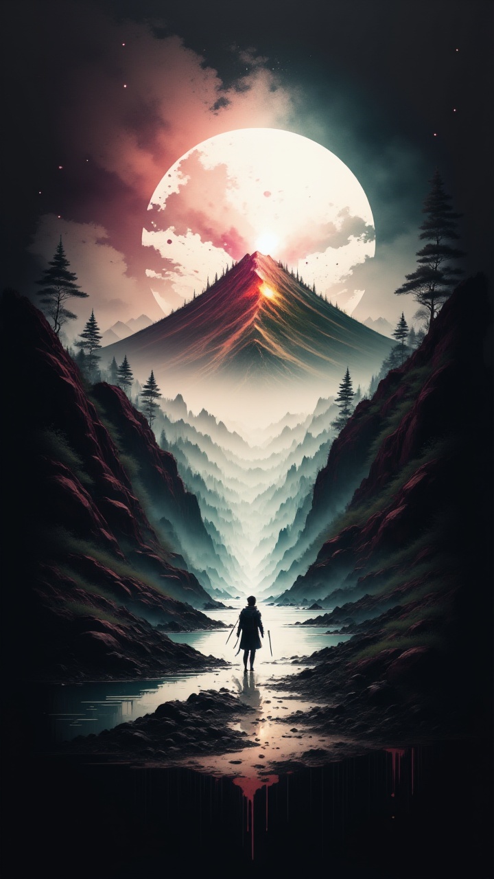 landscape of a In the heart of a vast and barren ocean,  a group of volcanoes float in the air. The water is so clear that...