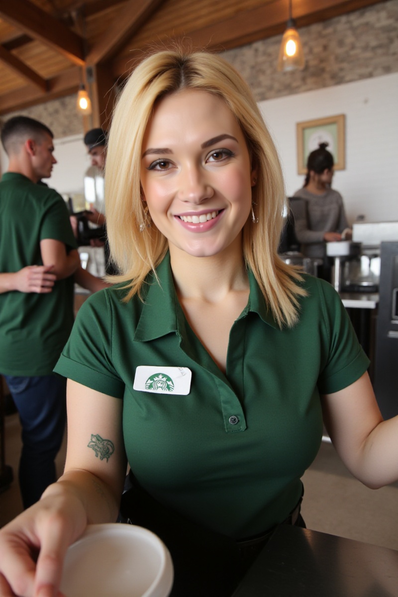 siri,  1girl with blond hair wears a starbucks uniform and serves coffee in a starbucks on Tensor.Art