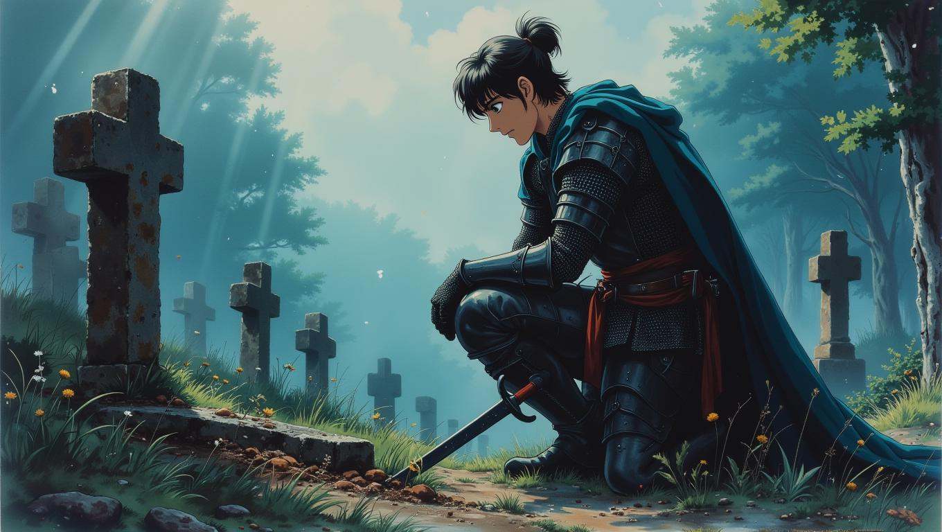 A solemn medieval knight,  kneels beside the grave of a fallen comrade in a quiet,  misty graveyard. The knight’s armor is...