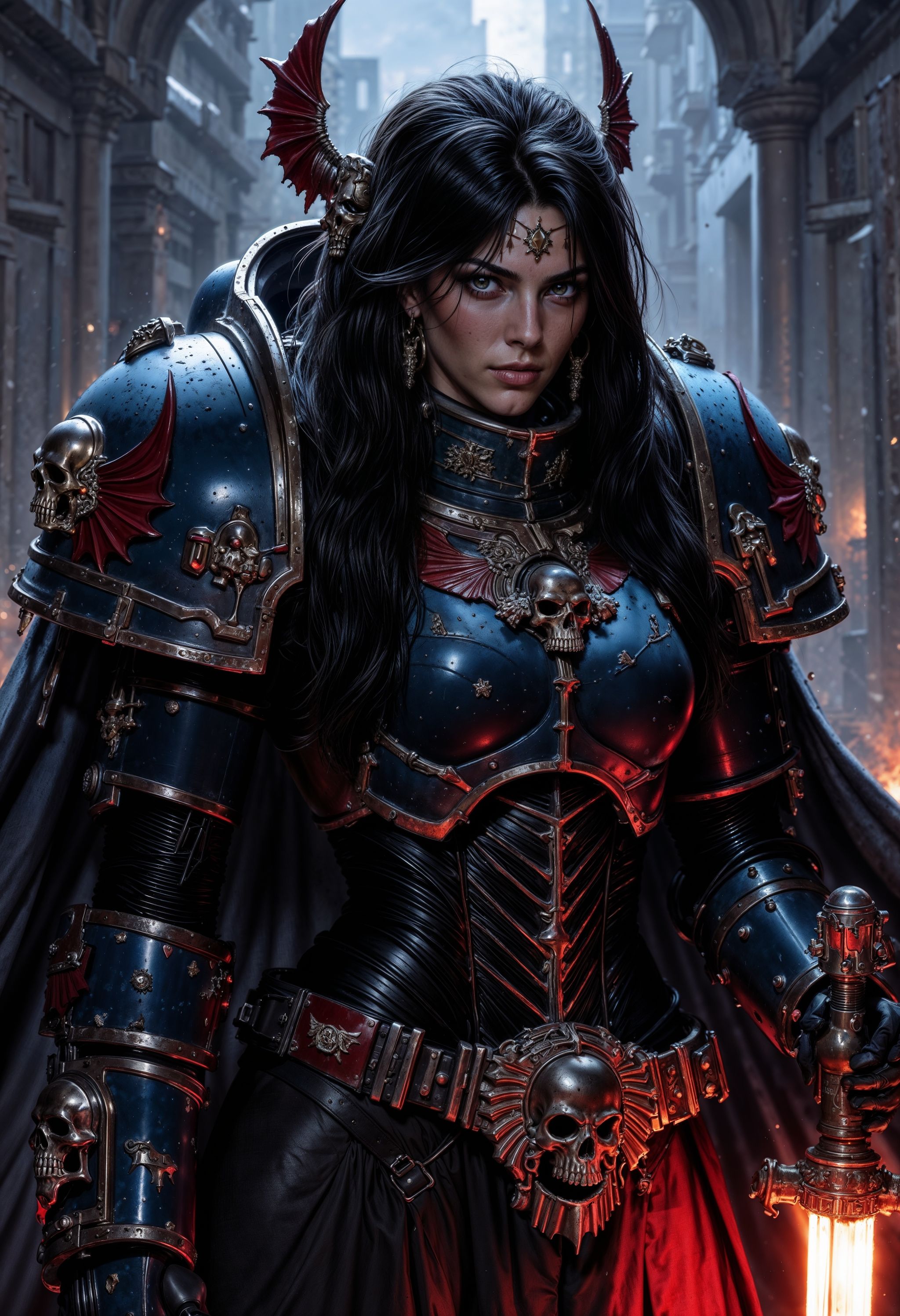 NightL40K,  female space marine wearing a chined power armor with a hood,  her long hair is black on Tensor.Art