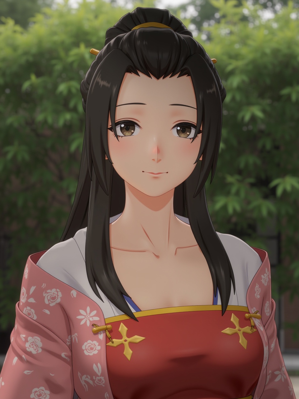 3D style,A girl is wearing Chinese clothes outdoors,black hari,black eyes,upper body,smile,