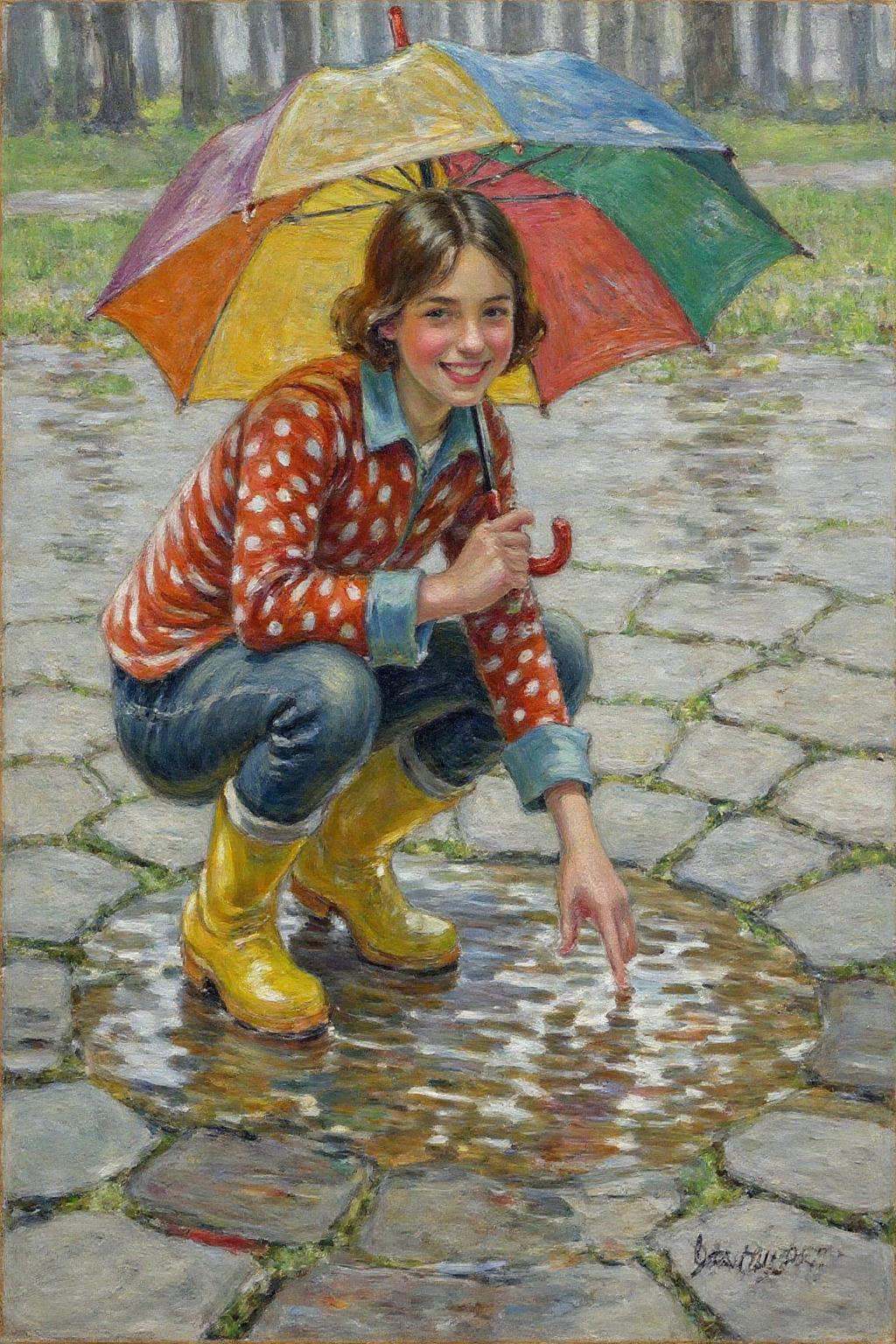 dorotheasharp1 painting. A young woman,  angled from slightly above and to the right,  crouching low to the ground in a pu...