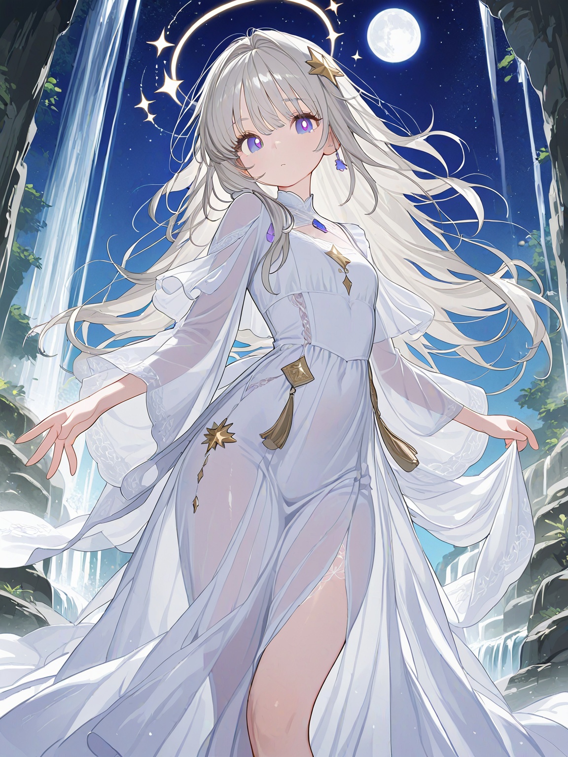 MBFG,  Silver hair as pure as moonlight flows down **** a waterfall,  smooth and silky on Tensor.Art
