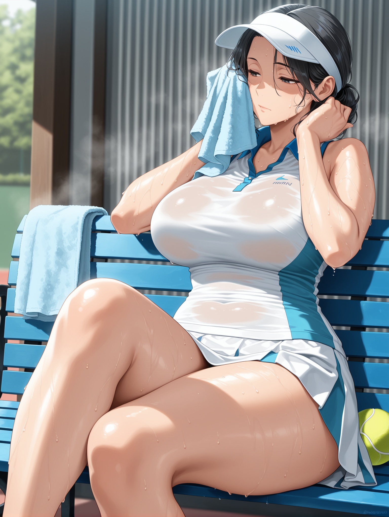 mature female,  black hair,  Blue on white tennis wear on Tensor.Art