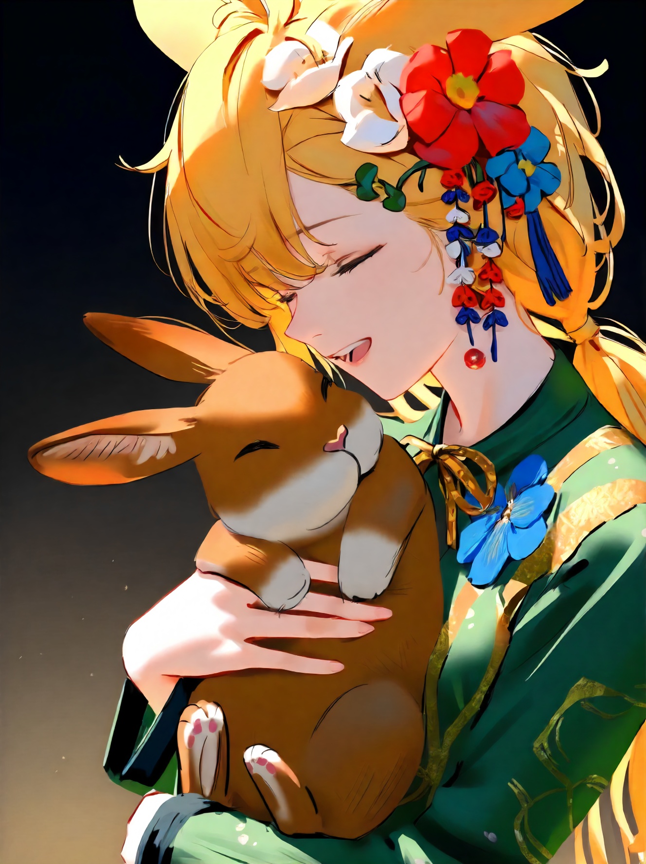 1girl, kroos \(arknights\), (hiten:0.9524), arknights, (wlop:0.907), (ciloranko:0.9524), solo, WANKE, from behind, upper body, green dress, long hair, teeth, rabbit ears, blonde hair, animal ears, hair flower, black background, parted lips, dress, eyebrows hidden by hair, closed eyes, long sleeves, holding, blue flower, rabbit girl, animal, flower, upper teeth only, very long hair, red flower, facing to the side, gradient background, simple background, smile, hair between eyes, holding animal, masterpiece, best quality, safe, safe