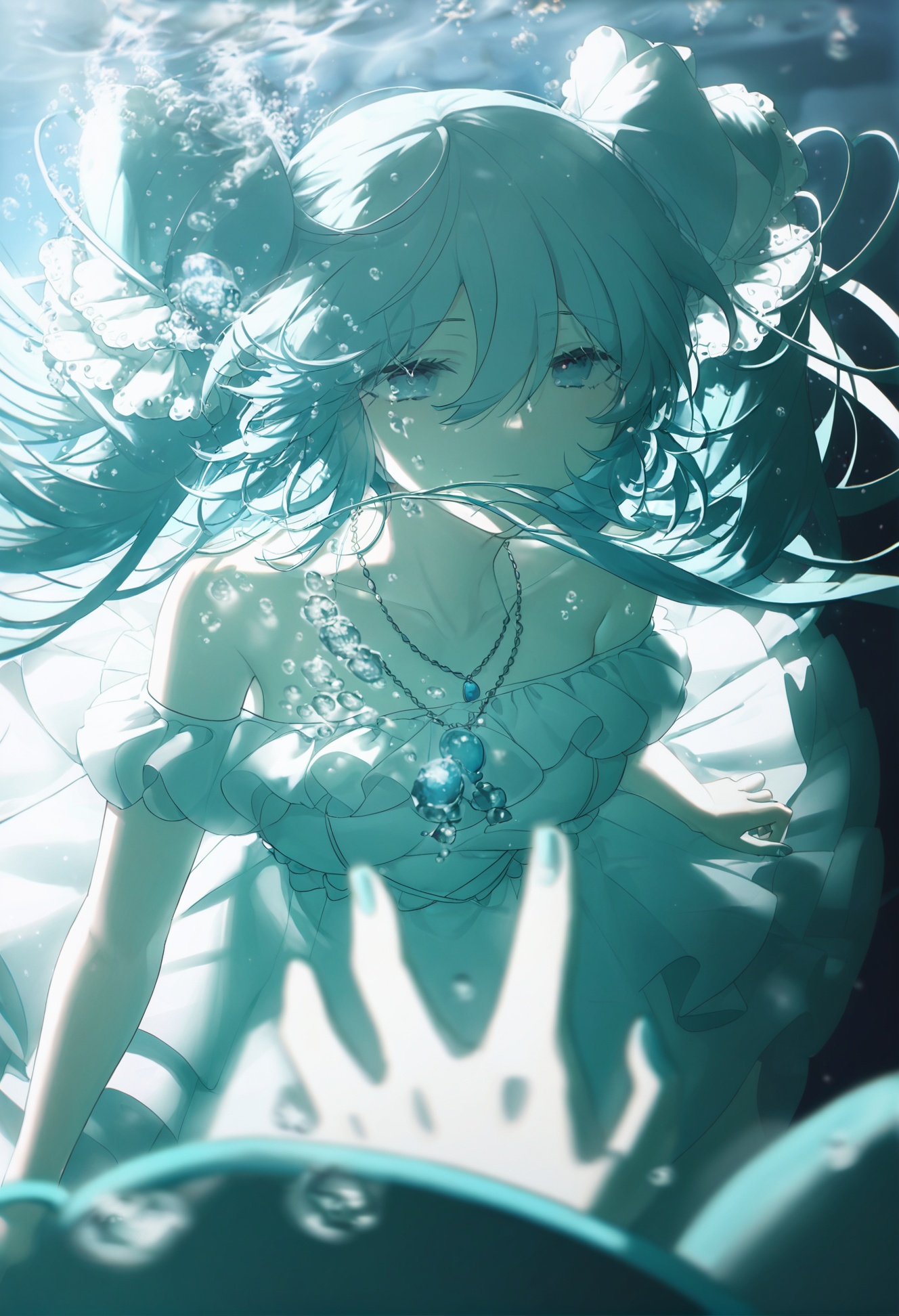 masterpiece,best quality, score_9,score_8,score_7_up,score_6_up,1girl, solo, long hair, jewelry, hatsune miku, dress, blue eyes, bubble, necklace, blue hair, underwater, blue theme, white dress, looking at viewer, collarbone, twintails, bare shoulders, hair between eyes <lora:konyakarasueXLlokr4f-000140:0.95>