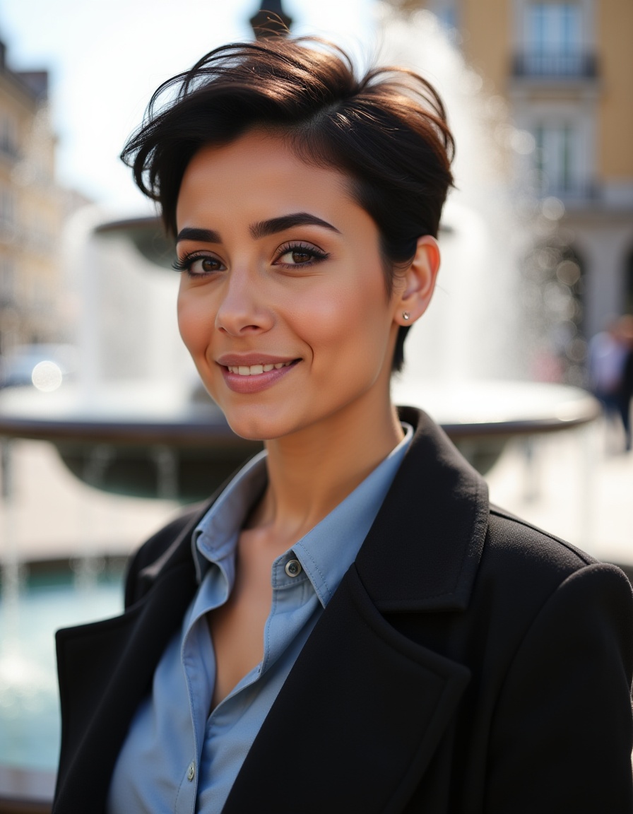 A poised young woman stands confidently against an urban backdrop,  characterized by soft natural lighting from a clear da...