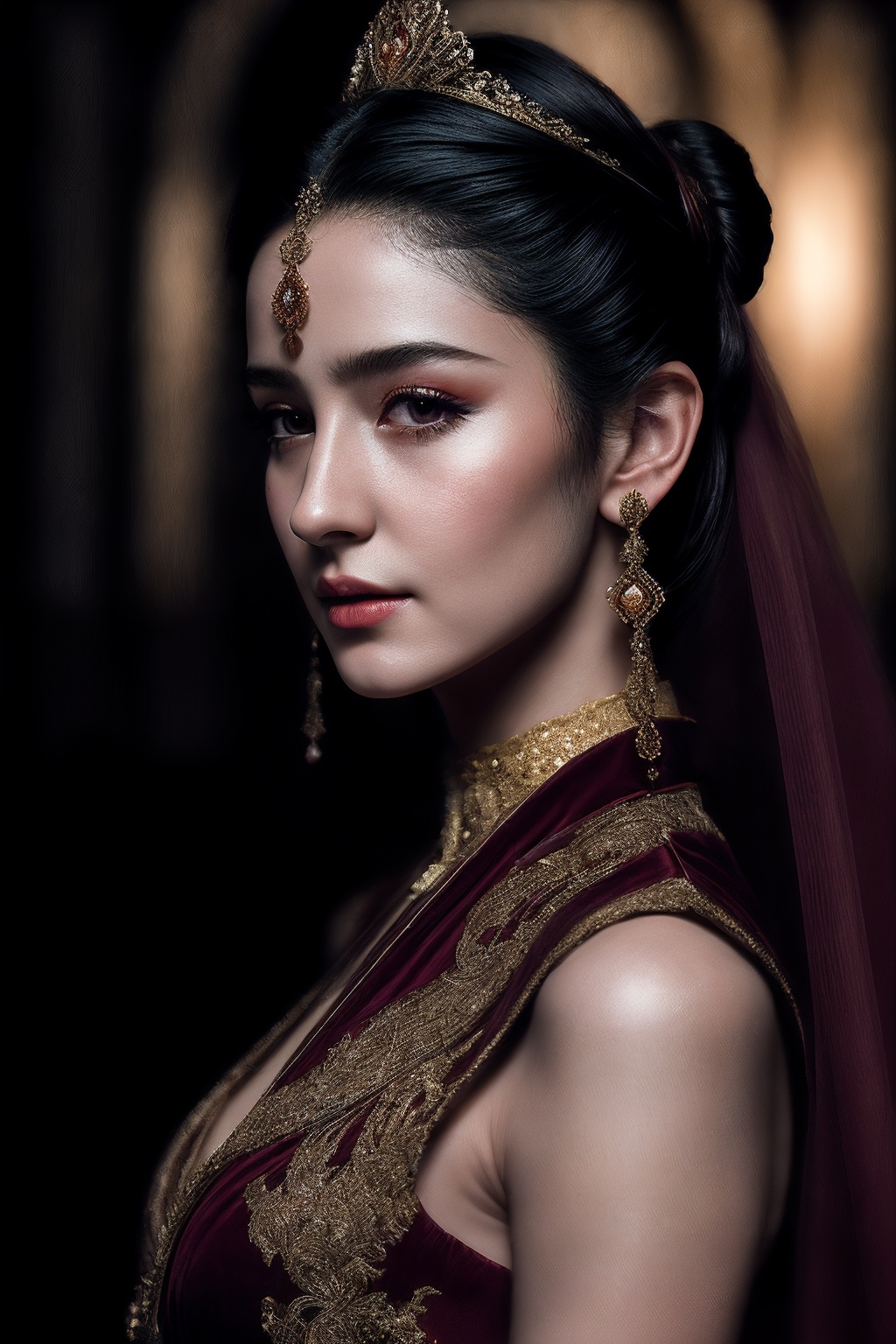 VG09_SoloTI_v1,  (closeup portrait),  (In a flowing gown of deep crimson velvet on Tensor.Art