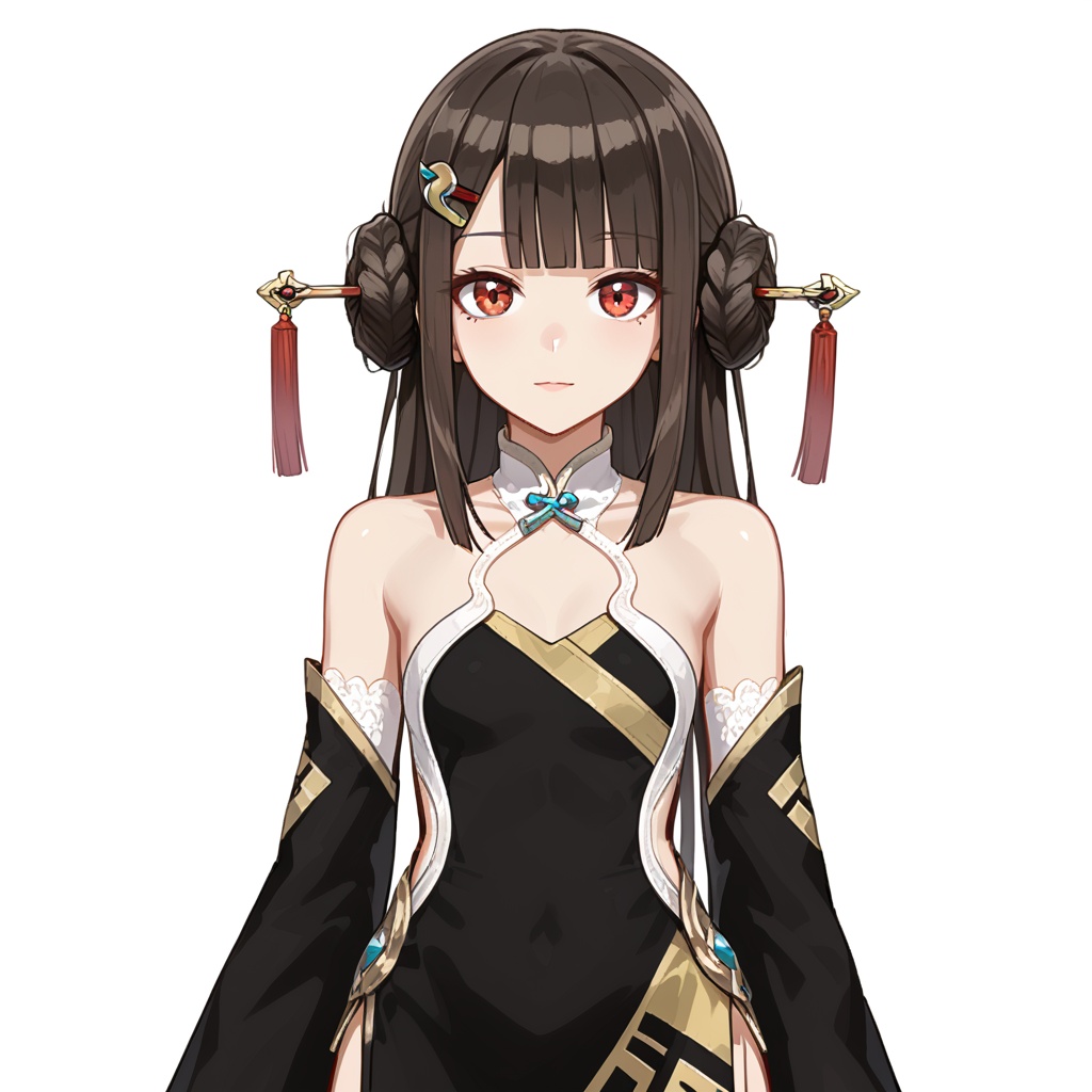 (white background:1.2),looking at viewer,(SOLO:1.4),outline,simple background,upper body, cowboy shot,looking at viewer,(((arms at side))),  cangxuan,danzhu,hair ornament,blunt bangs,hair bun,brown hair,long hair,hairclip,mole under eye,off shoulder,chinese clothes,sleeves past wrists,strapless dress,wide sleeves,barefoot,detached sleeves,<lora:苍玄丹朱-cg-pony:0.8>