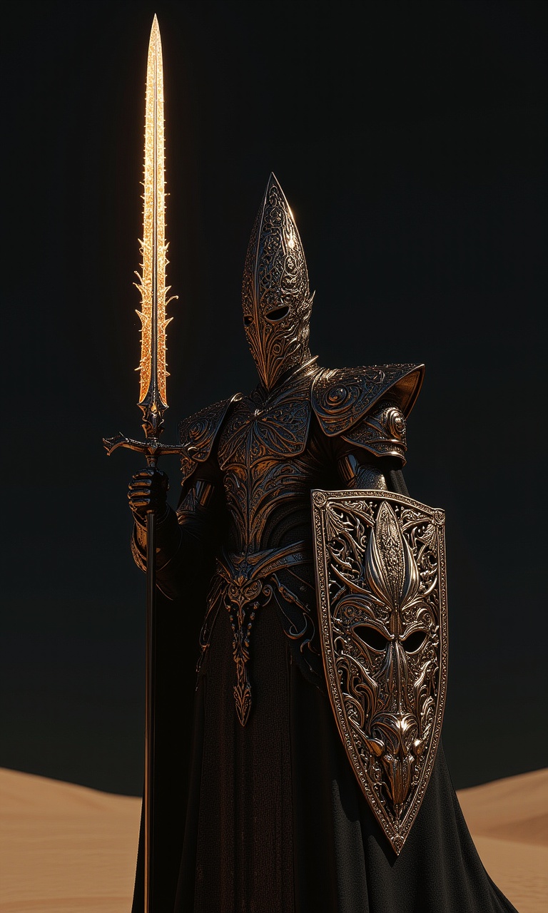 An u pper b0dy s h0t 0f a dark,  sinister,  tallmech knight in an intense on Tensor.Art