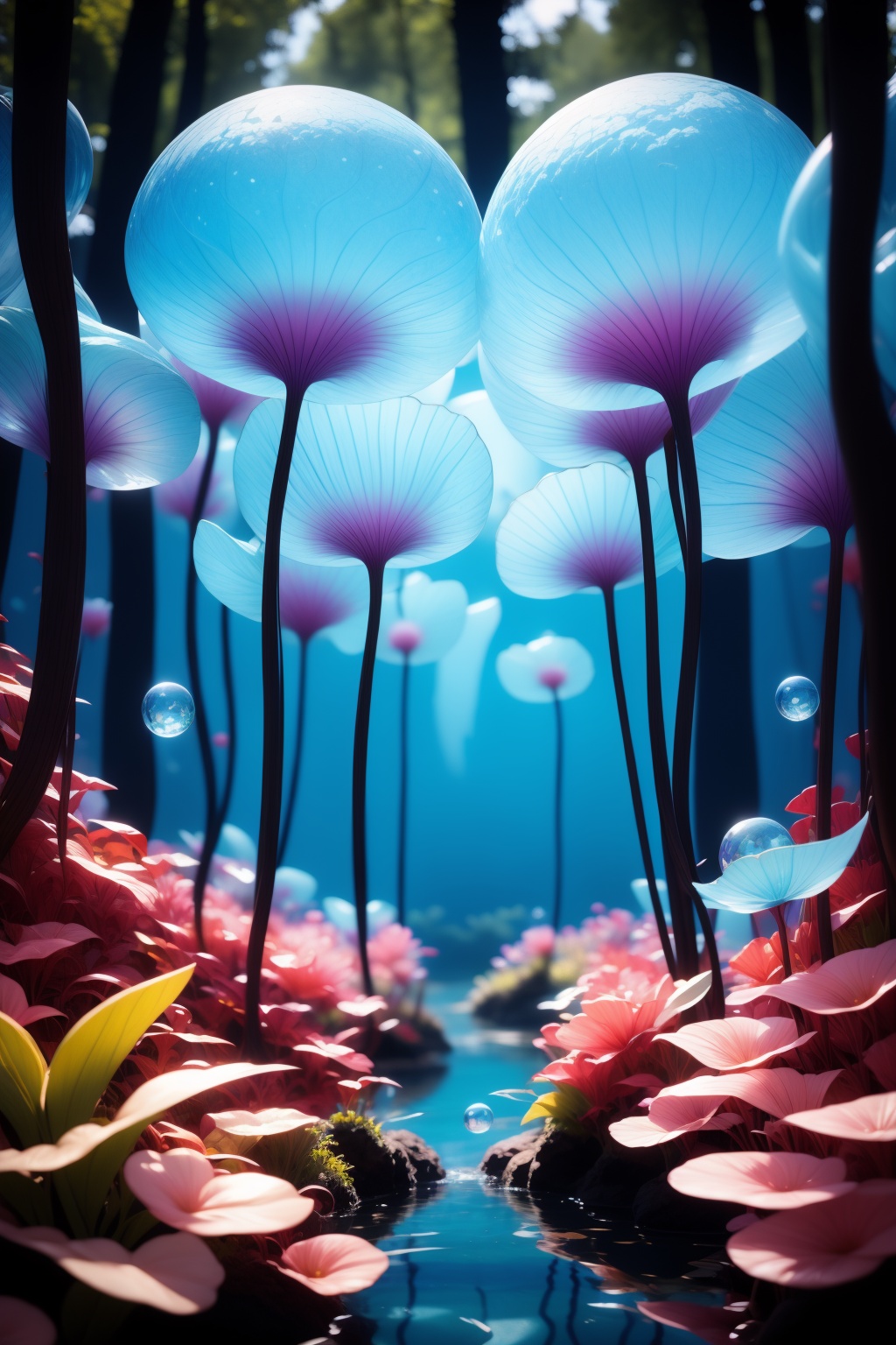 <lora:AgainWonderlandForest:1>,AgainWonderlandForest, scenery, nature, flower, no humans, forest, tree, blurry, water, outdoors, transparent, bubble, depth of field, reflection, blue theme, paper, plant, sunlight, fantasy, solo