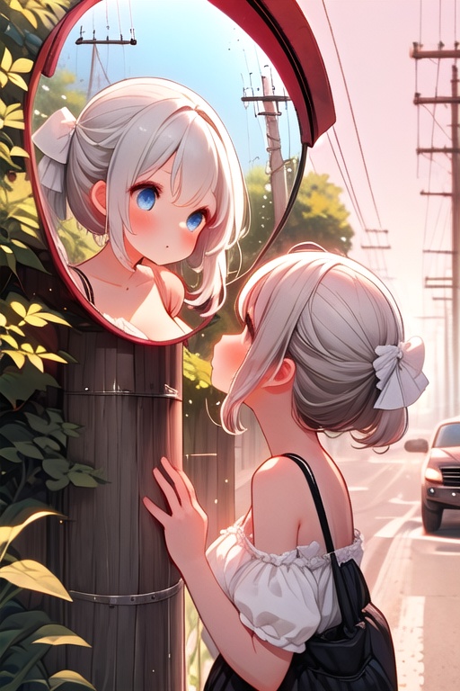 ((convex mirror on utility pole)),  ((2girls)),  looking at mirror on Tensor.Art