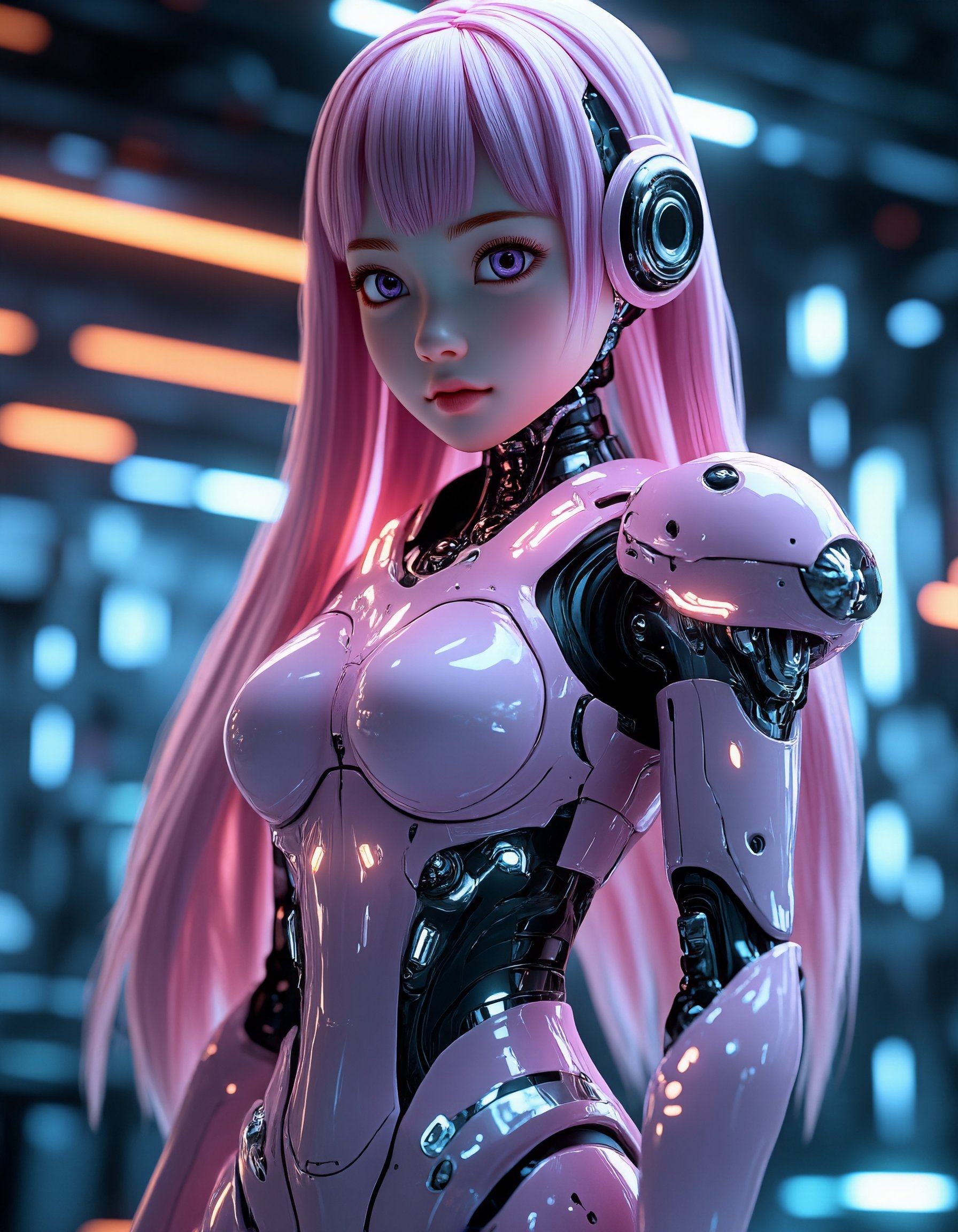 Highly detailed 3D anime-style female character,  wearing advanced pink and silver mecha armor with intricate mechanical c...