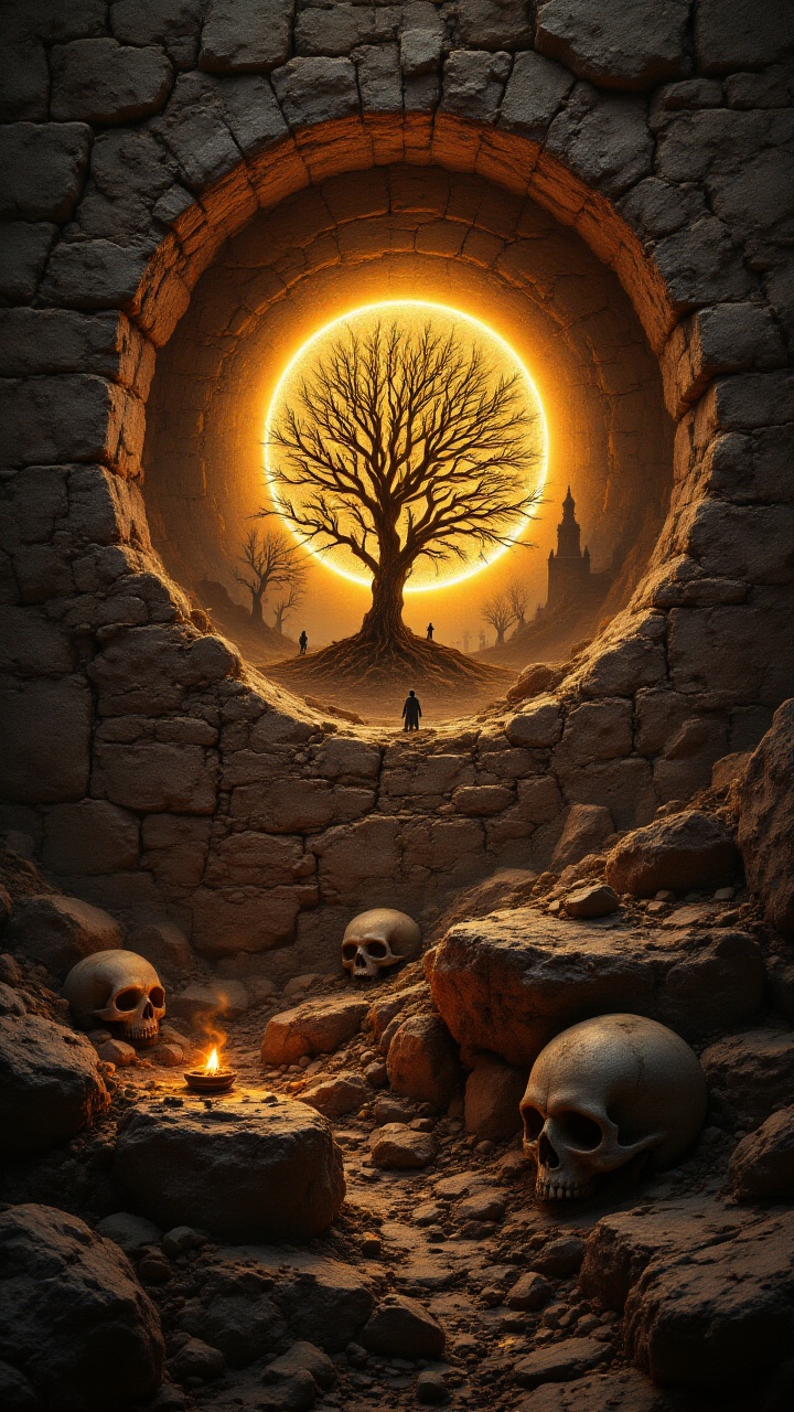 petroglyph of a landscape of a Bikaner and Skulls,  studio lighting,  highly complex on Tensor.Art