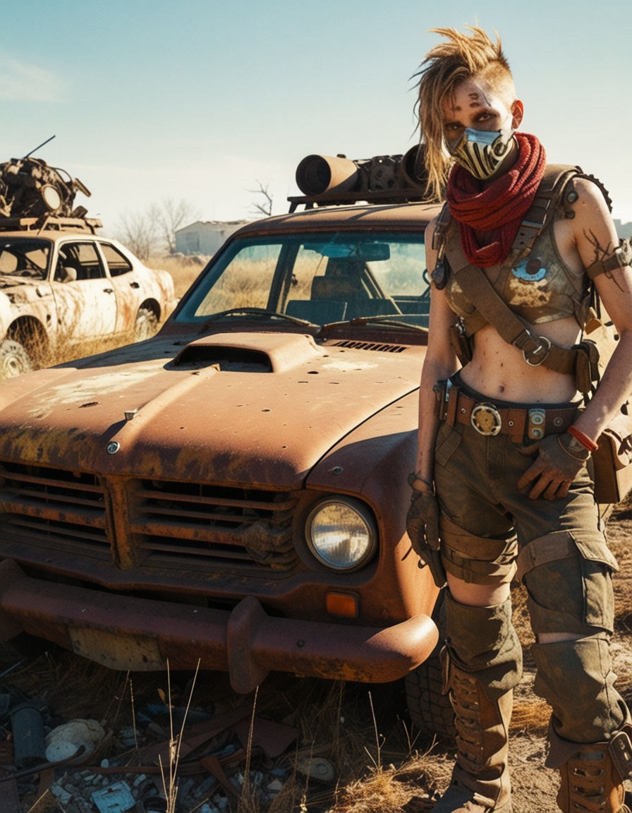 illustration,  concept art,  a portrait of a lone figure with a fierce expression wearing a post-apocalyptic outfit on Ten...