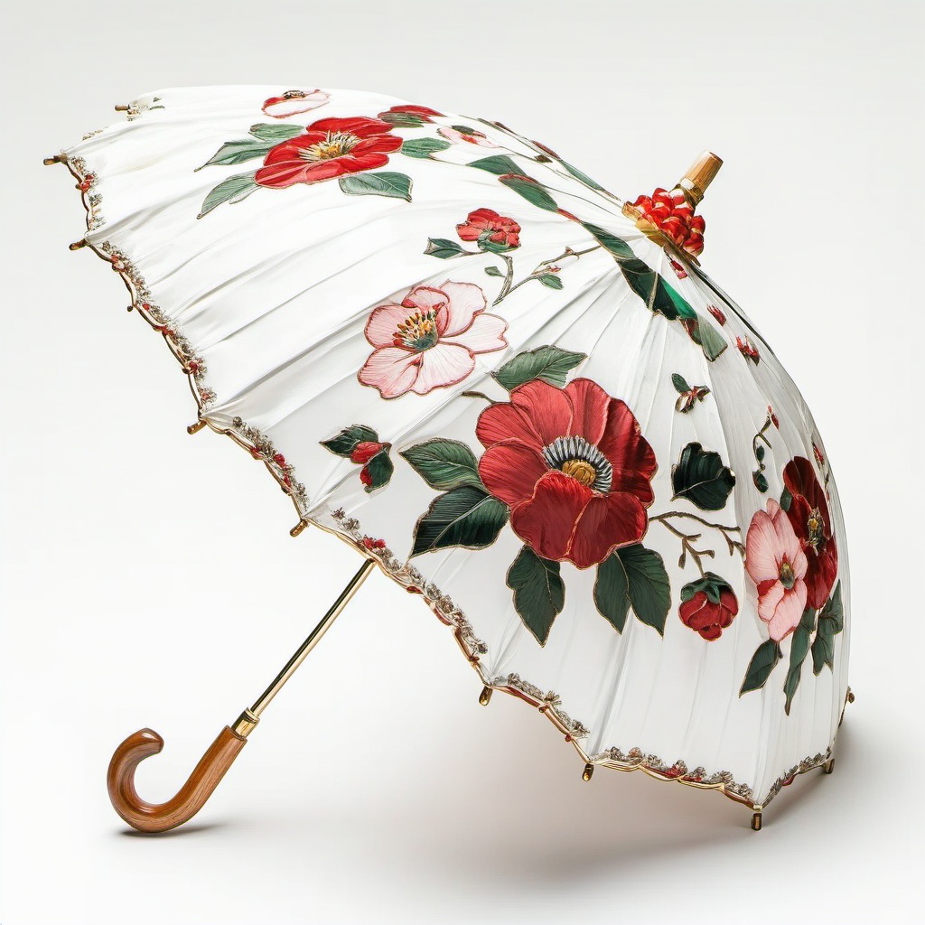 san, umbrella,A fancy, vintage-style parasol with a white canopy decked out in bold red and pink flowers, green leaves, and tiny silver bits. The handle is wooden, and the frame is gold. The background is plain white, making the parasol's detailed floral design and craftsmanship pop.,<lora:sanv1:0.8>