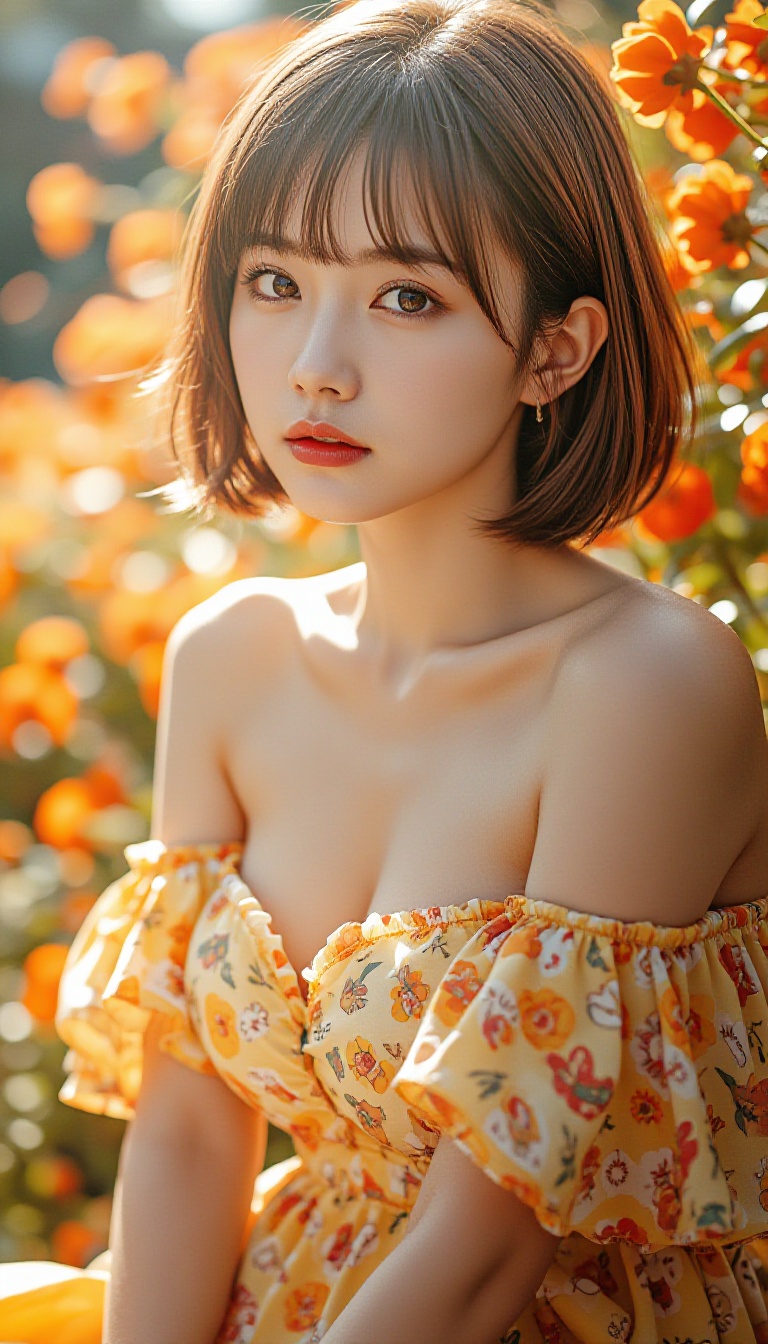 In the heart of a vibrant summer garden,  bathed in the golden hues of the midday sun,  sits a captivating young woman wit...