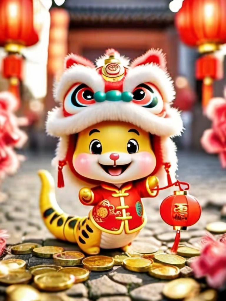 shenian,coin,hat,open mouth,chinese new year,lantern,smile,looking at viewer,brown eyes,blush,:3,paper lantern,solo,blurry,<lora:shenian:0.8>,, masterpiece, best quality,
