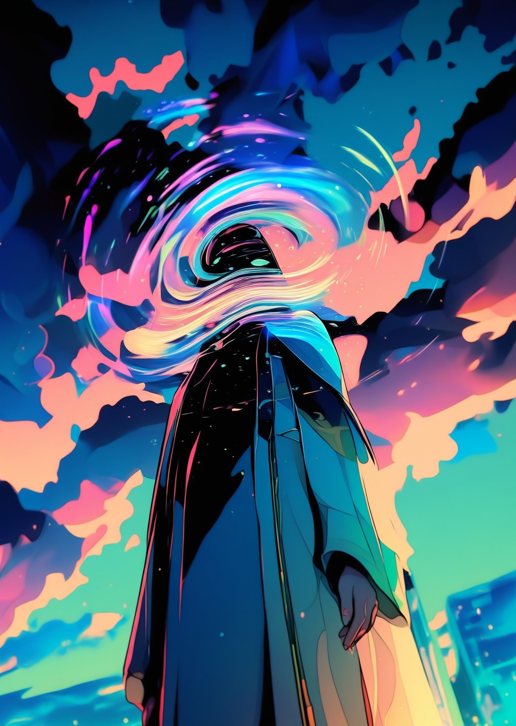 The image is a digital painting in a surreal,  fantastical style. It depicts a silhouette of a person,  likely male on Ten...