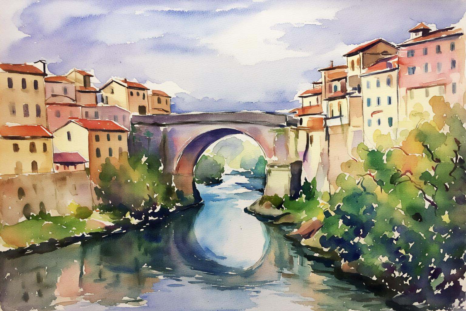 watercolorbasic2q watercolor painting. An European cityscape with a river flowing gently through the heart of the city,  l...