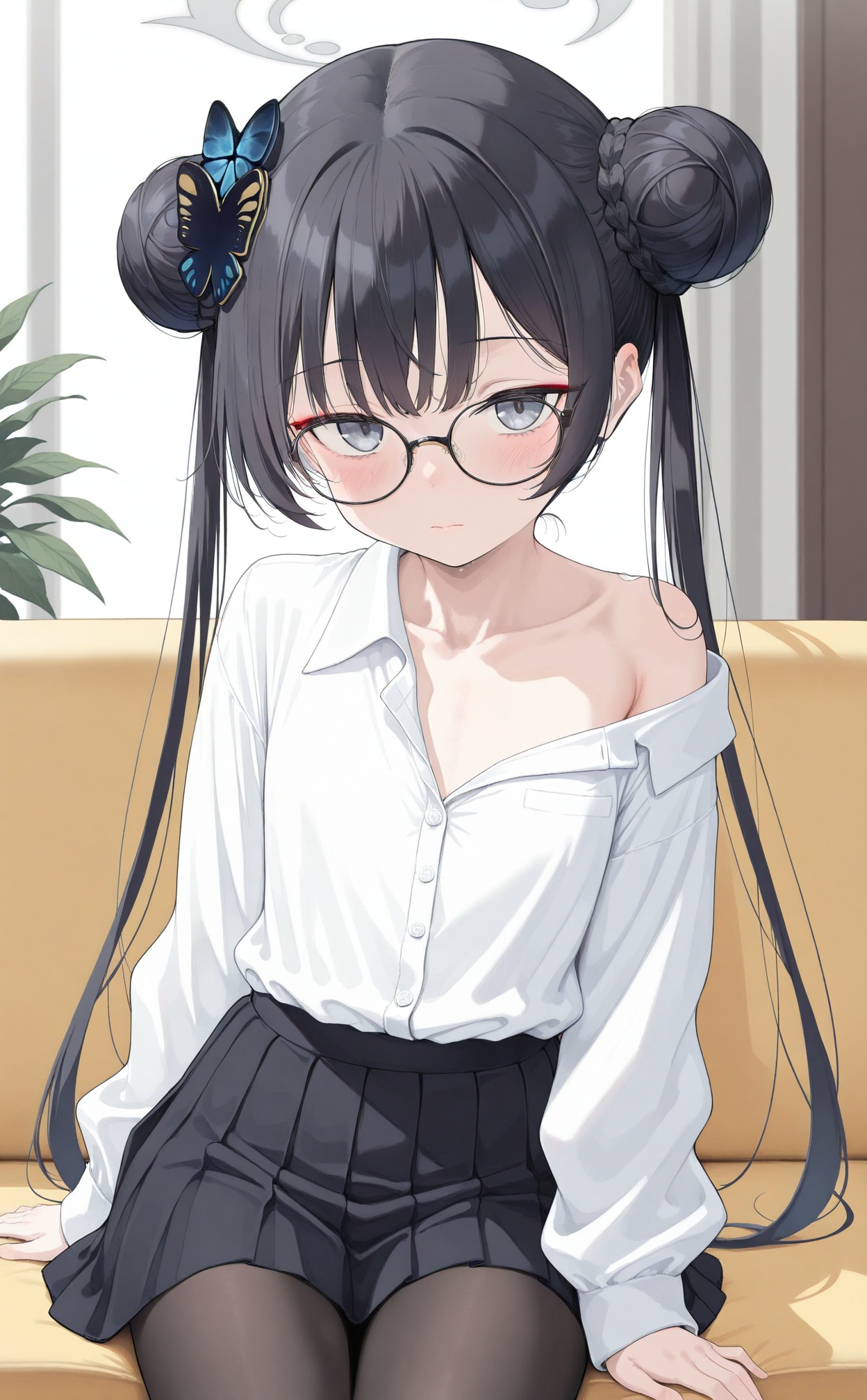 masterpiece,best quality,high quality,loli,1girl, solo, butterfly hair ornament, halo, double bun, kisaki (blue archive), hair bun, skirt, black hair, glasses, shirt, hair ornament, white shirt, long hair, twintails, round eyewear, looking at viewer, pantyhose, black skirt, long sleeves, alternate costume, sitting, bespectacled, pleated skirt, closed mouth, single bare shoulder, off shoulder, shirt tucked in, grey eyes, grey halo, black pantyhose, collarbone, black-framed eyewear, couch, collared shirt, blue eyes, arm support, white halo, very long hair, on couch