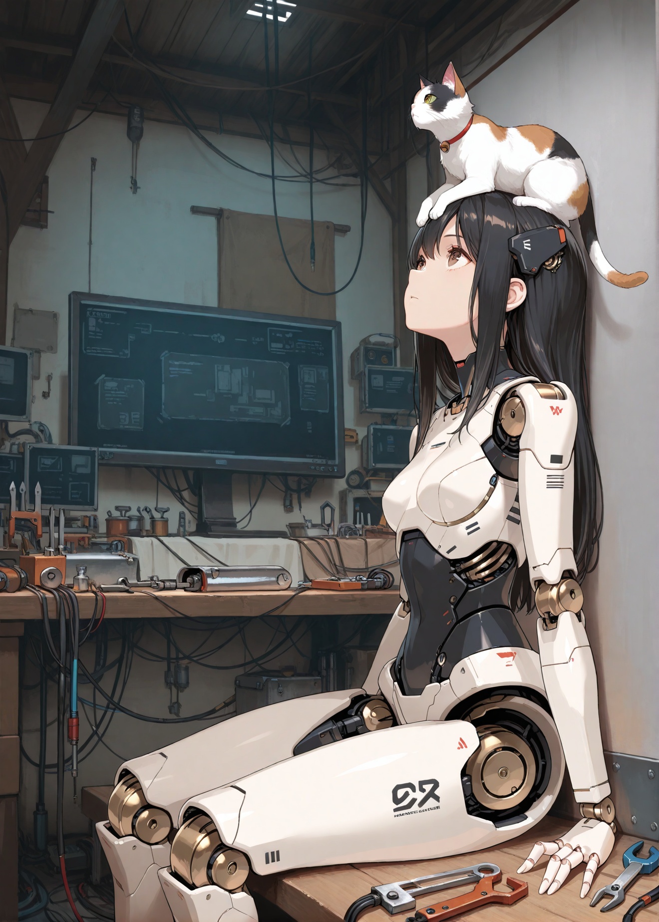 1girl,  black hair,  cat on head on Tensor.Art