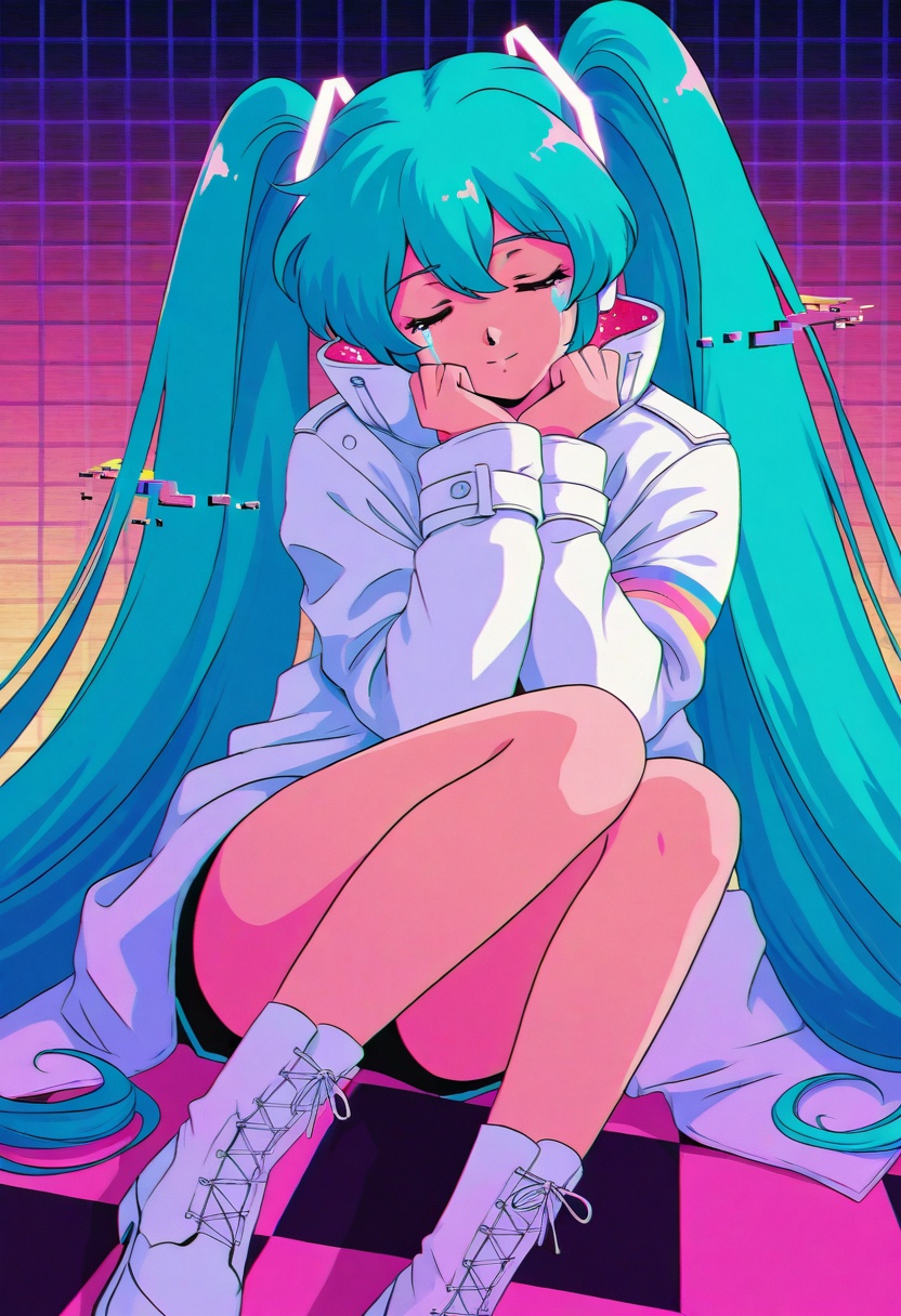 vaporwave retro style,  hatsune miku mid-laugh,  synthwave sunset sky on Tensor.Art