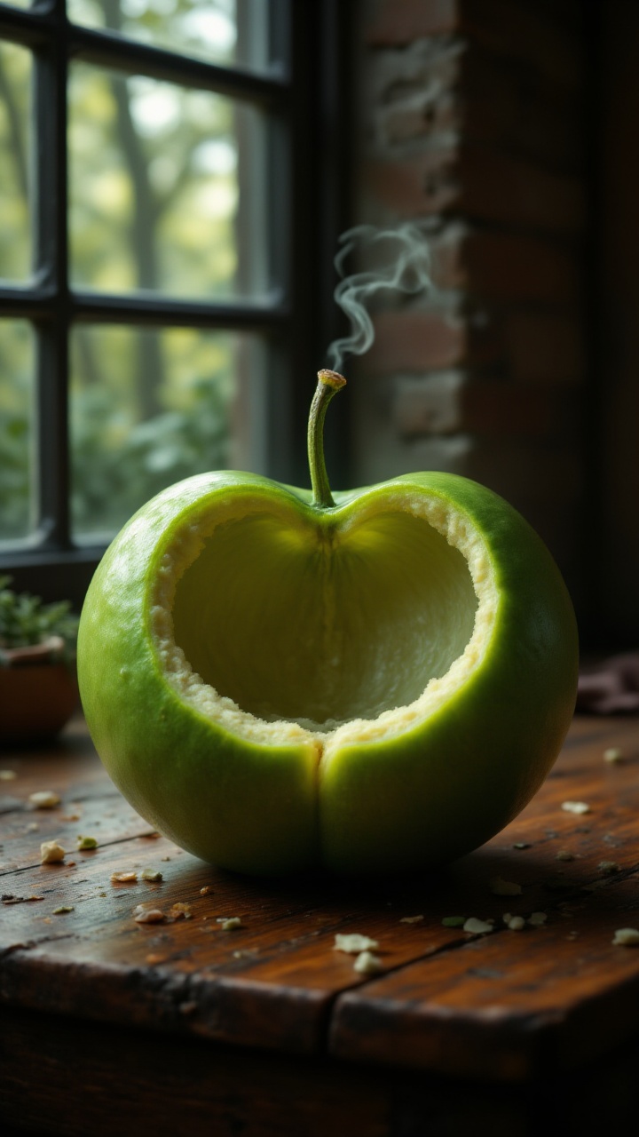 dreamy magical atmosphere,  A vibrant green calmel sits on a wooden table,  its smooth surface reflecting the warm light o...