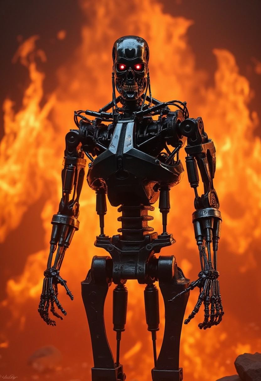 an upper body shot of a T800_Endo Terminator Robot with red eyes stands in a raging inferno of flames as he steps forth wi...