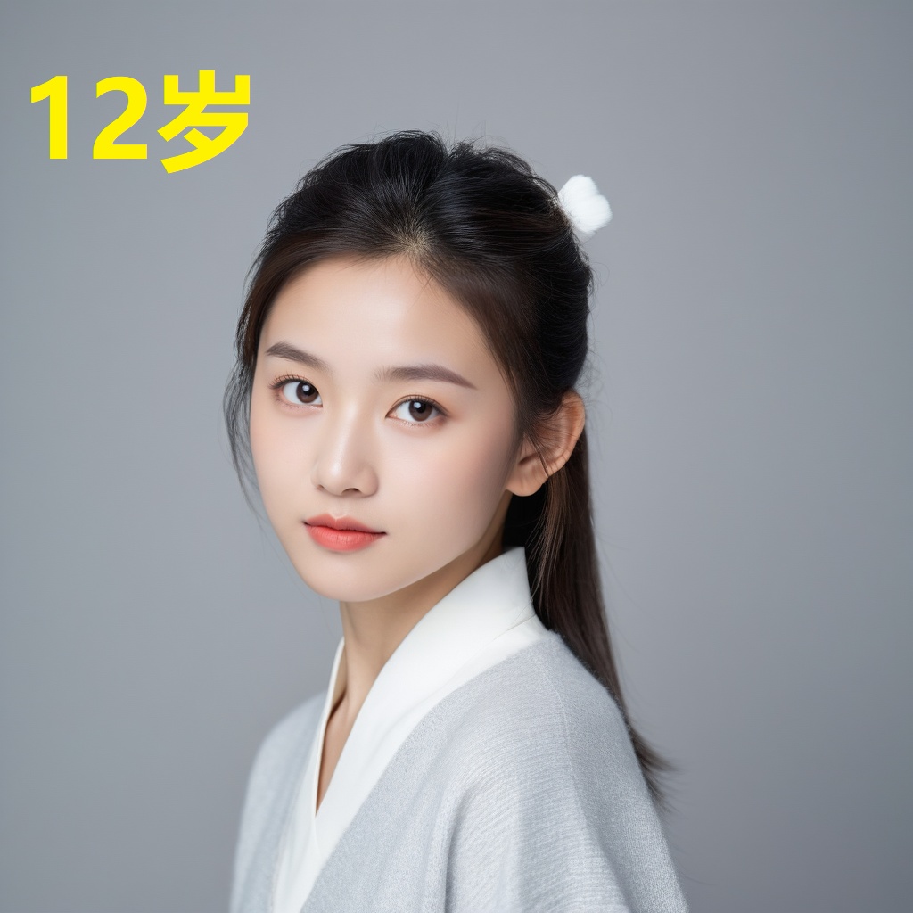 leogirl,A 12-year-old woman,portrait photo,facial focus,photo taken,fashionable and simple,Chinese ethnicity,soft gray background,natural lighting,high-resolution clarity,contemporary portrait,gentle,fashionable and avant-garde,simple accessories,details with strong contrast between skin color and neutral background,looking at the audience,