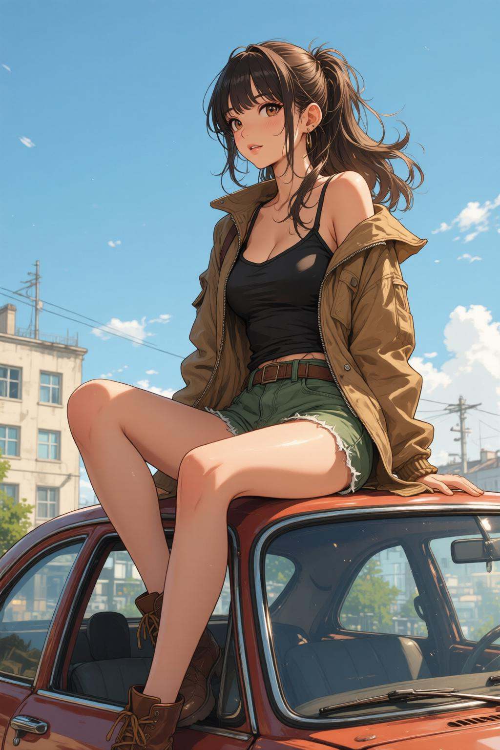 nijimix6q anime style illustration. A young woman sitting on the roof of a red vintage car. She is wearing a brown jacket,...