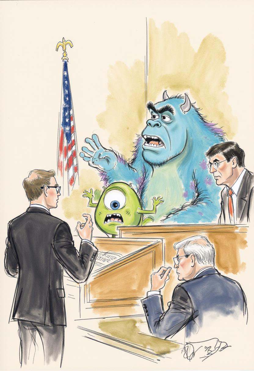 This is a detailed,  hand-drawn courtroom scene in a sketchy,  watercolor style depicting Mike Wazowski and Sully on trial...