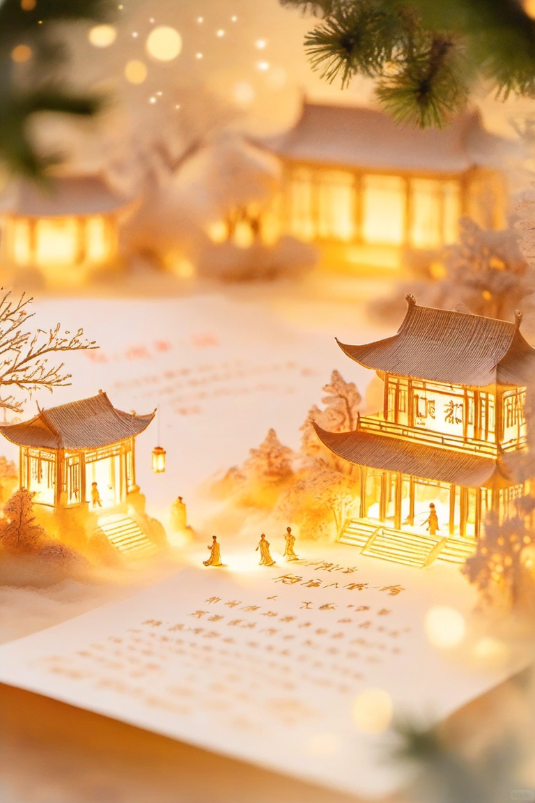 Microarchitecture,juanzhou,A whimsical, snowy scene with tiny, glowing lanterns lighting up intricate Chinese-style buildings. The lanterns create a warm, golden glow, while snowflakes and trees surround the scene. Up front, a piece of paper with Chinese script adds an educational touch. The whole vibe is chill and festive.,<lora:juanzhouv1:0.8>