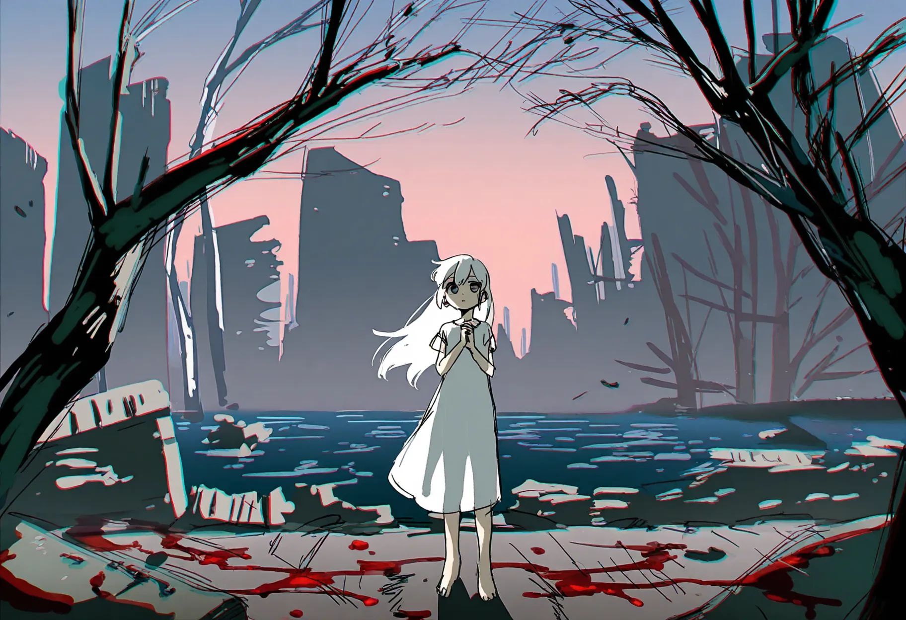 1girl, dress, solo, white dress, long hair, barefoot, own hands together, blood, ruins, white hair, looking at viewer, bare tree, own hands clasped, short sleeves, very long hair, standing, full body, grey eyes, outdoors, closed mouth, newest, highres, safe, year 2024, as109, Tsukumizu, (porforever:0.5), (rei \(sanbonzakura\):0.8), tsubonari, (watanabe tomari:0.8), tareme,, highly detailed, masterpiece, best quality, very aesthetic, absurdres, (very vibrant colors:1.2), (vivid colors:1.2), highly dynamic colors, bright, chromatic aberration, film grain, anaglyph, paper sky, cel shading, sketch, scenery, still life, jewelry, aquamarine, nature