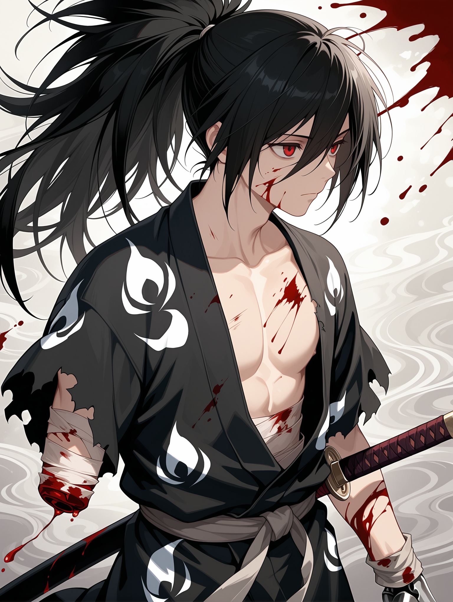 hyakkimaru \(dororo\) , 1boy, black hair, black kimono, blood, blood on arm, blood on bandages, blood on chest, blood on clothes, blood on face, blood splatter, closed mouth, collarbone, hair between eyes, japanese clothes, katana, kimono, long hair, looking ahead, male focus, pectorals, ponytail, prosthesis, prosthetic hand, red eyes, sheath, sheathed, solo, torn clothes, torn kimono , ((amputee)) ,abstract background, ,masterpiece,best quality,amazing quality,