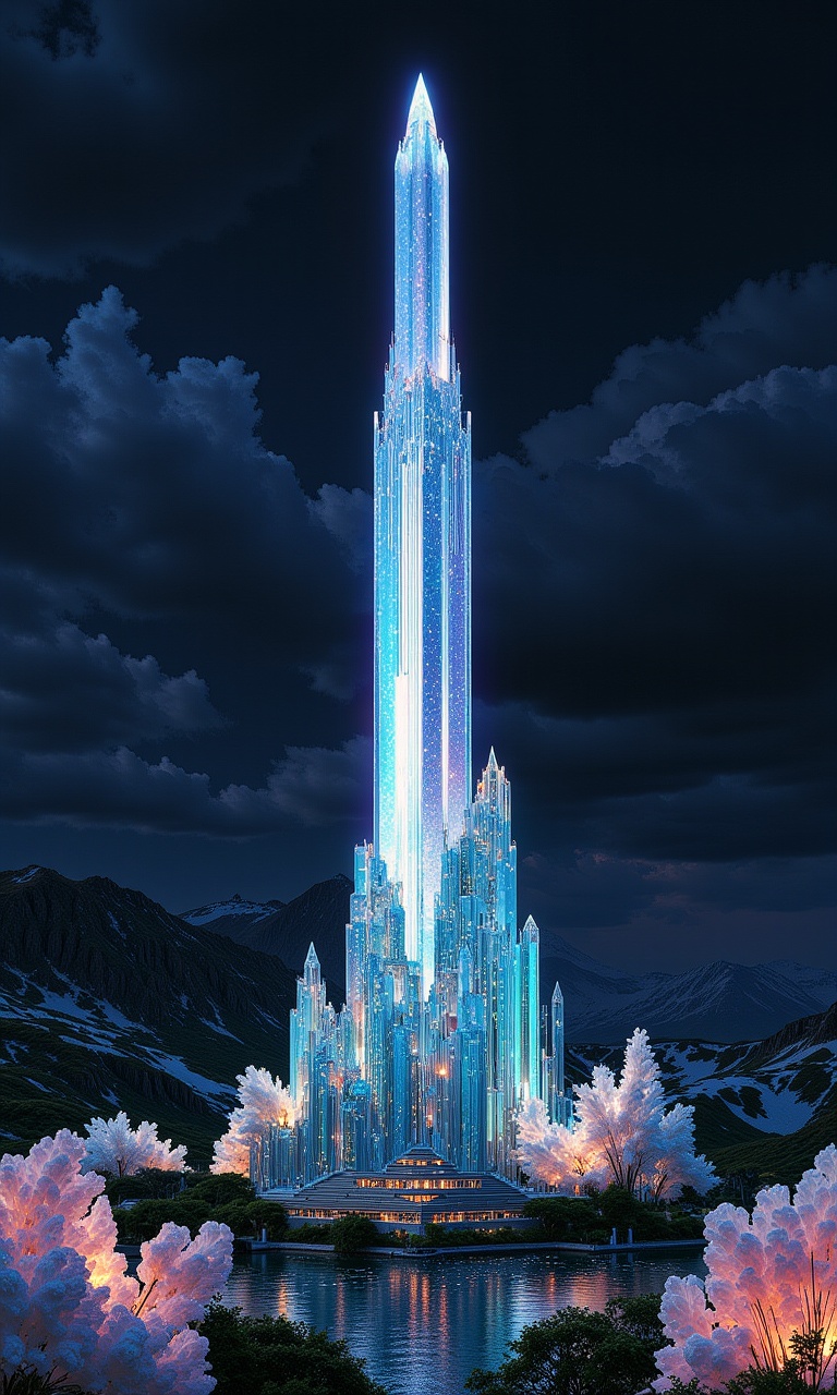 Landscape Photography A massive,  shining crysta |glass tower in an ethereal alien landscapesurrounded by glowing flower c...
