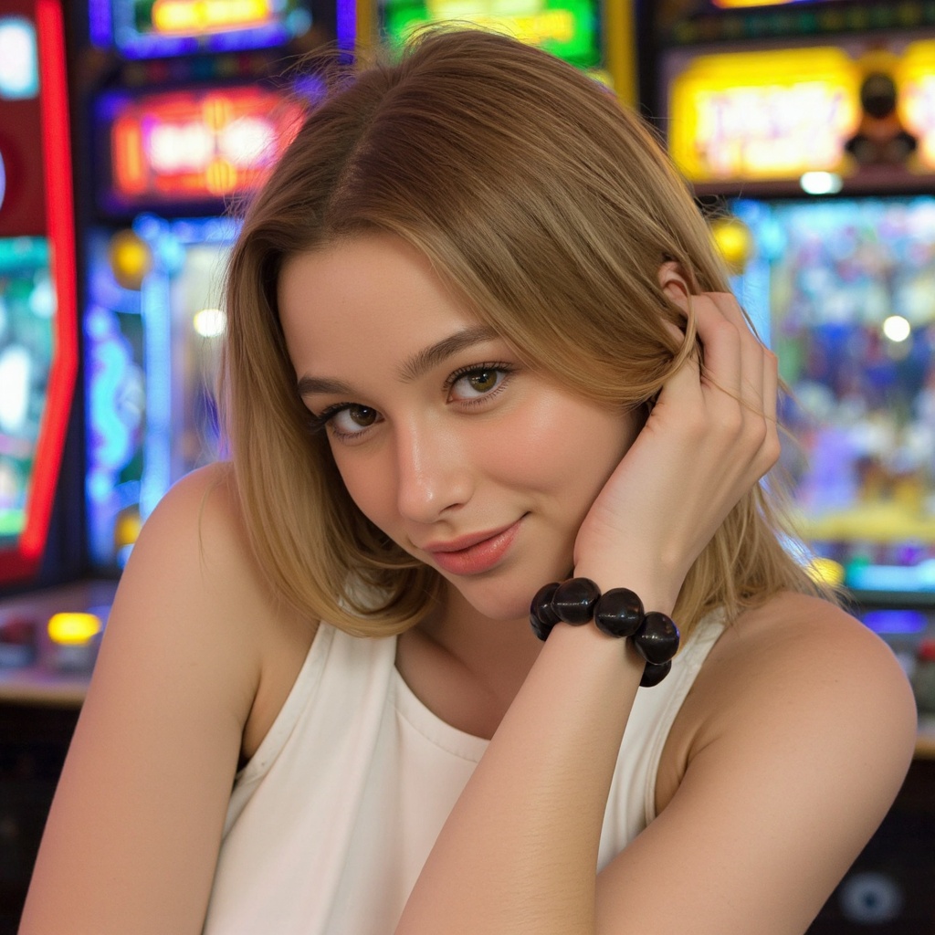 A portrait of dasha_taran with shoulder-length blonde hair,  captured in a candid moment. She wears a white sleeveless top...