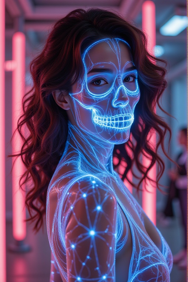 GJGJAA,woman with brown wavy curls,figure costume in the shape of neon skull glass,
