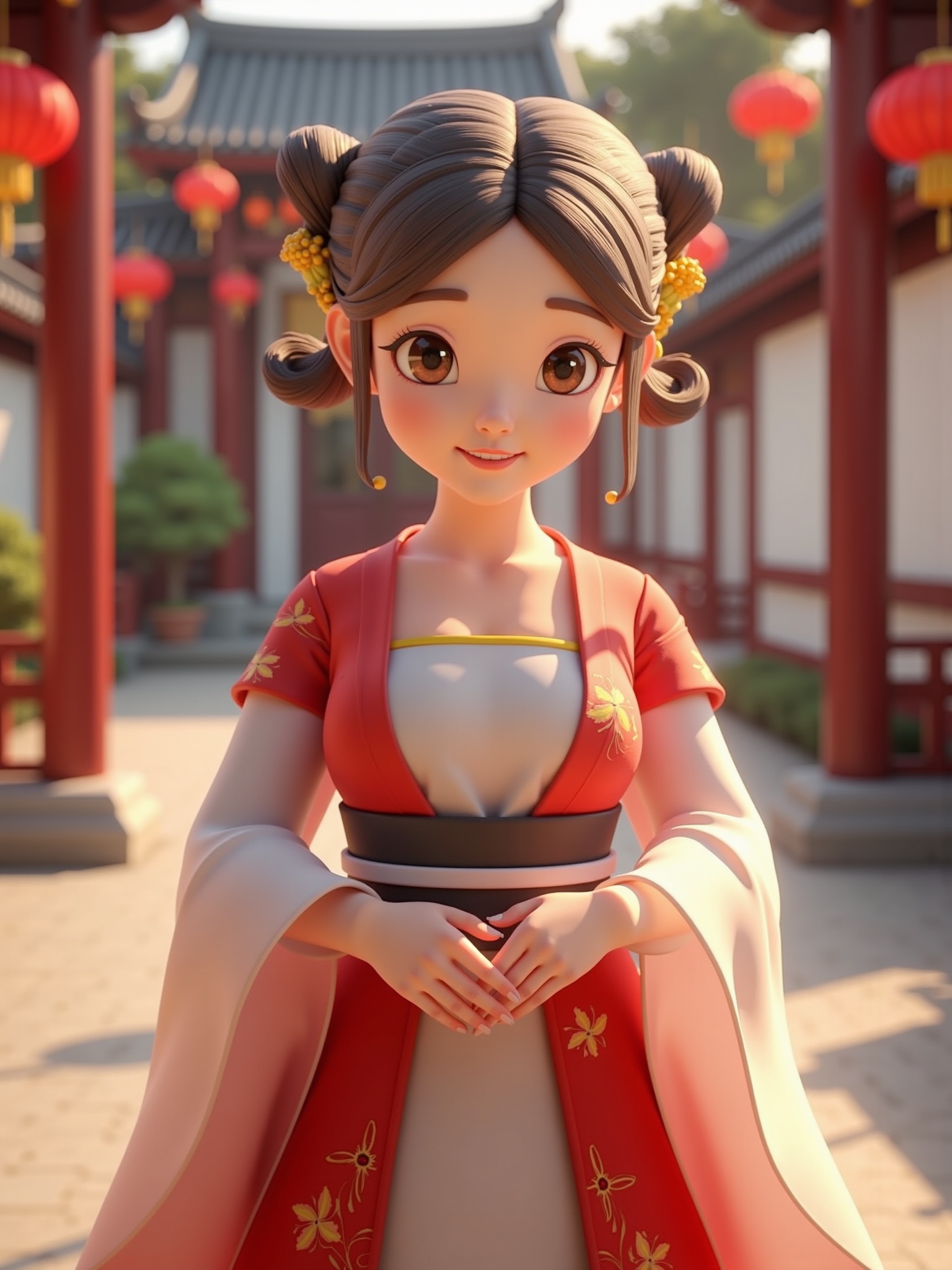 3D style,ancient chinese style,red chinese clothes,red dress,girl is smile in outdoors,