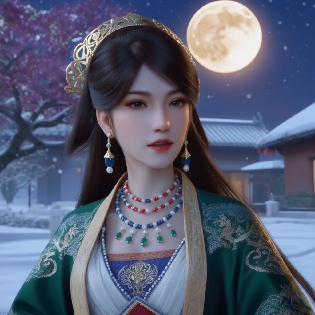 <lora:839-DA-XL-少年白马醉春风-温珞玉:0.6>, (,1girl, ,best quality, ),,  picture-perfect face,   clean, masterpiece,     cinematic lighting, cinematic bloom, fantasy,  , unreal, science fiction, ((,1girl, pov,))(((,tree, 1girl, full moon,snowing,snow ,solo,     solo focus,  long_hair, looking_at_viewer,  )))  (rich:1.4,)     prestige, luxury, jewelry, diamond, gold, pearl, gem, sapphire, ruby, emerald, intricate detail, delicate pattern, charming, alluring, seductive, erotic, enchanting, hair ornament, necklace, earrings, bracelet, ,(sit),