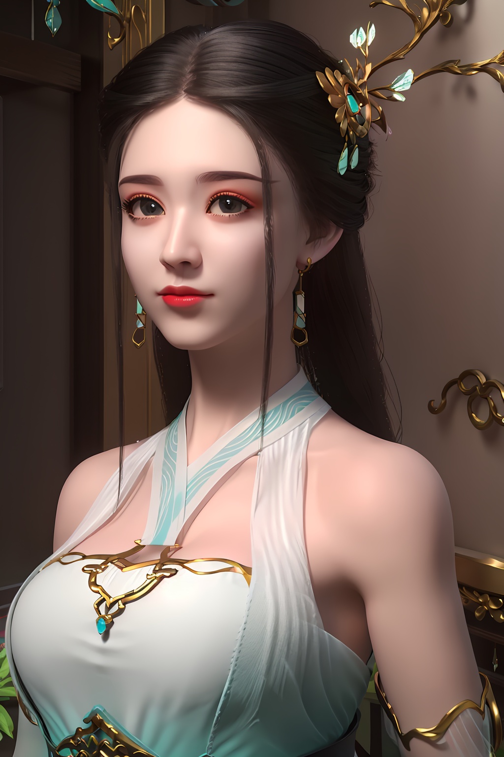 3D,masterpiece,(best quality),(makeup),official art, extremely detailed cg 8k wallpaper,((crystalstexture skin)), (extremely delicate and beautiful),(highly detailed),(face),(gold_trim),(collar),(hand)(1girl), (solo), (jewelry), (earrings),(black_hair),(long_hair),(hair_ornament),(handwear),(breasts),,((upper_body)),(bare_shoulders),(closed_mouth),(off-shoulder_dress),(multicolored_clothes),(multicolored_dress),(shiny_clothes),(city,indoor),,((looking_at_viewer)),((Facing the camera)),, <lora:hipoly3DModelLora_v10:0.3>