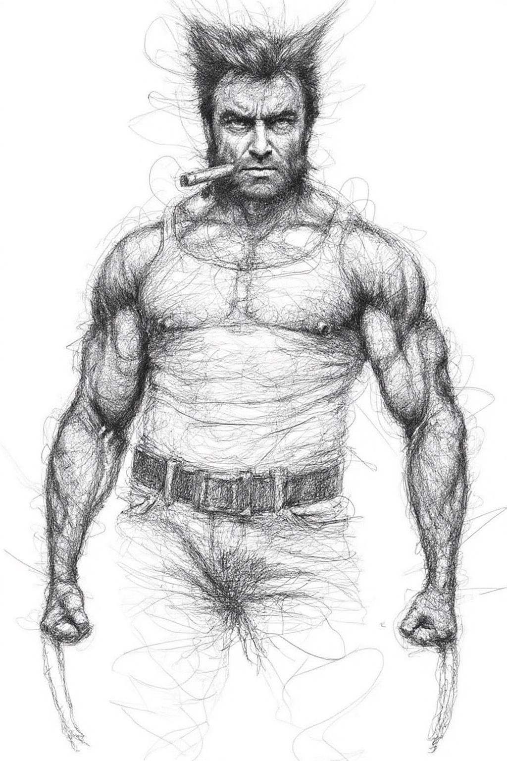 Drawing of Hugh Jackman as Wolverine. His eyes are piercing,  and he has a cigar hanging from his mouth. He is standing,...